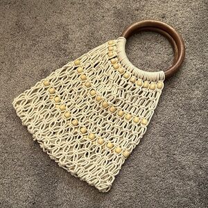 Handcrafted Beige Macrame Bag with Wooden Handle